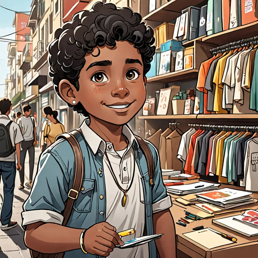 a boy is standing in front of a store with a backpack and a pen in his hand and a book in his other hand, hyperrealism, concept art, Asaf Hanuka, official art