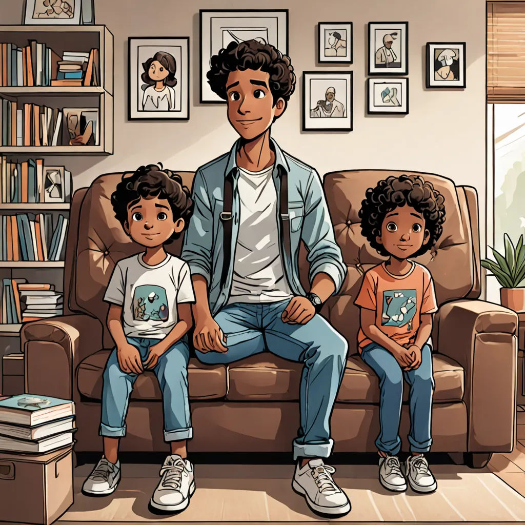 a man sitting on a couch with two children in front of him and a bookcase behind him with pictures on the wall, process art, a comic book panel, Chris LaBrooy, comic cover art