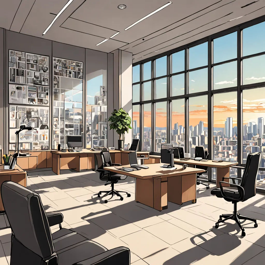 a room with a lot of desks and chairs in it with a view of the city outside the window, private press, a comic book panel, Asaf Hanuka, official art