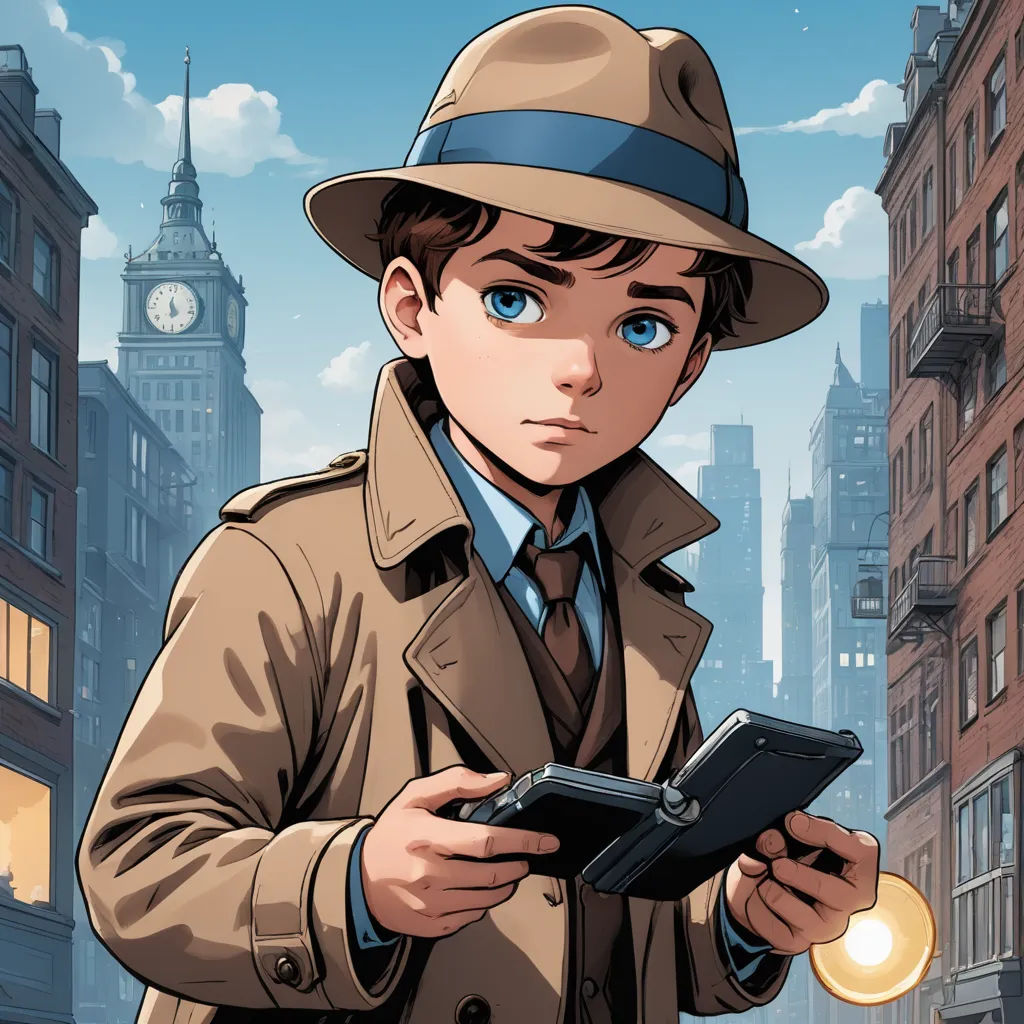 a man in a trench coat and hat holding a tablet computer in a city street with a clock tower in the background, new objectivity, a comic book panel, Everett Warner, comic cover art