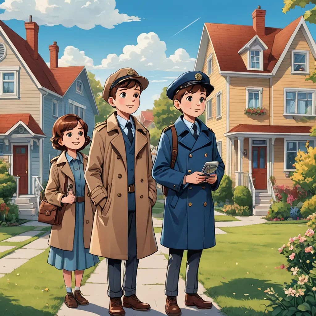 a couple of people standing in front of a house with a girl and boy in uniform on the sidewalk, american scene painting, a storybook illustration, Brothers Hildebrandt, official art
