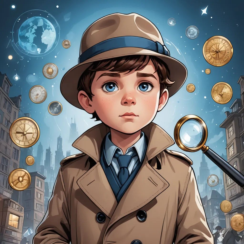 a boy in a trench coat and hat with a magnifying glass in his hand and a bunch of gold coins around him, new objectivity, a character portrait, Cliff Childs, 2 d game art