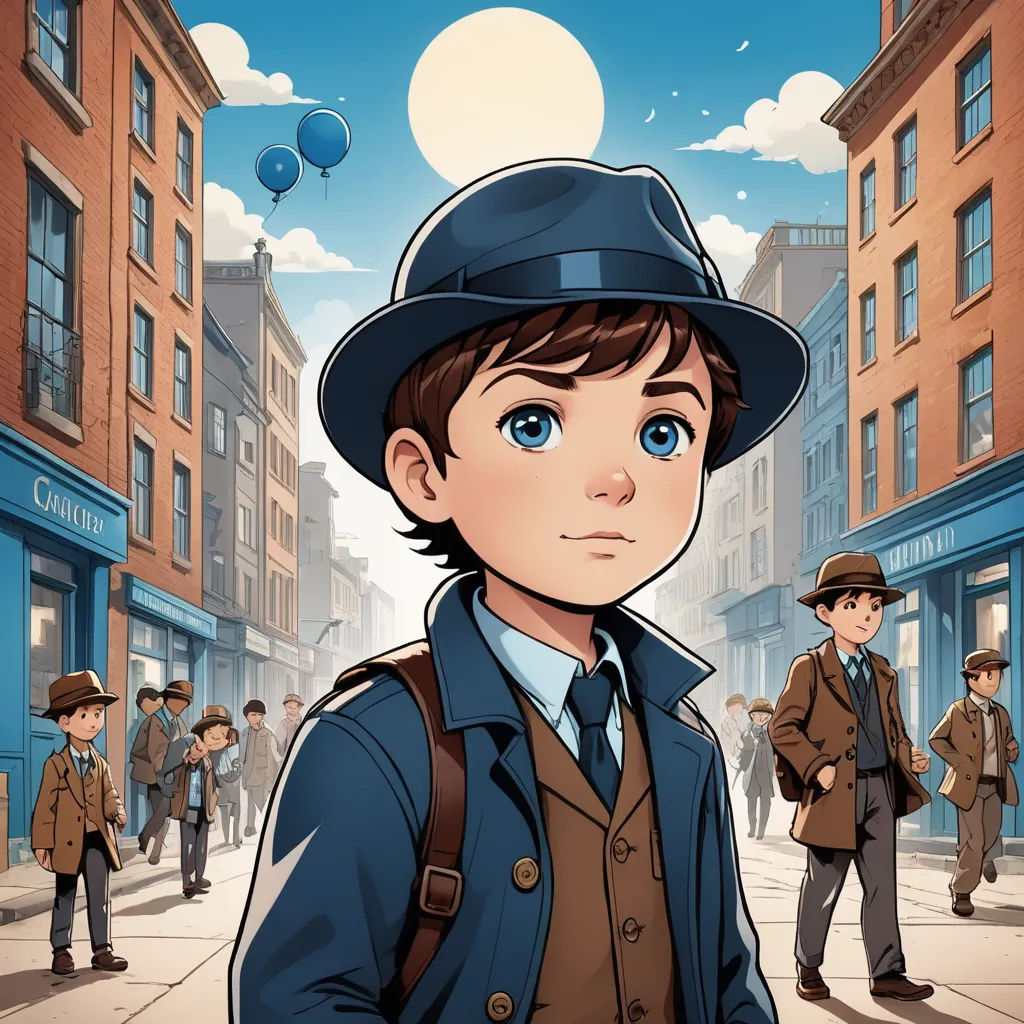a boy in a hat and coat standing in front of a building with a balloon flying above him and a group of people walking down the street, new objectivity, a character portrait, Cliff Childs, comic cover art