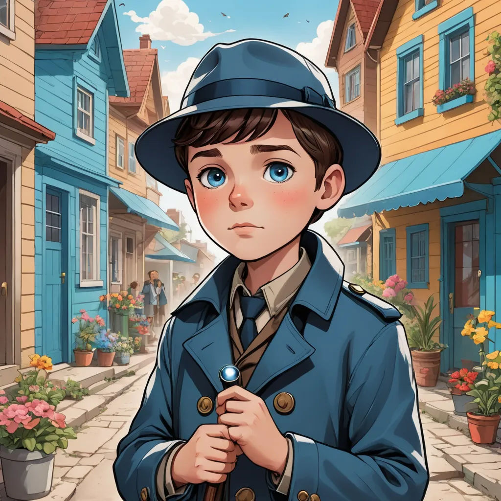a boy in a blue coat and hat standing in front of a street with houses and flowers on it, serial art, a character portrait, Cedric Seaut (Keos Masons), key art