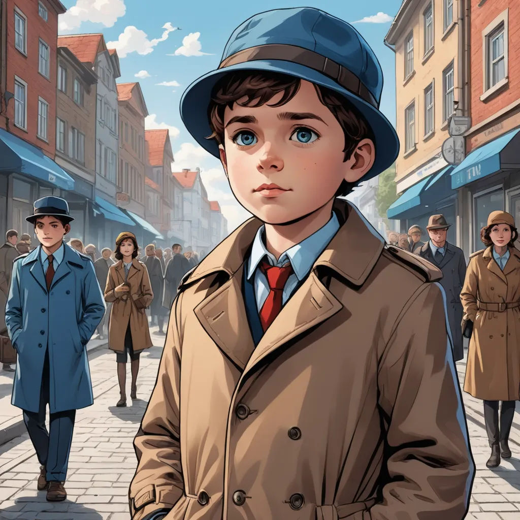 a boy in a trench coat and hat standing on a street with a crowd of people behind him and a man in a blue hat, fantastic realism, a comic book panel, Alejandro Burdisio, graphic novel