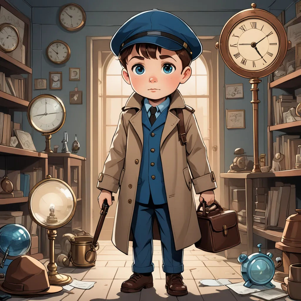 a boy in a hat and coat standing in a room with clocks and other items on the shelves and a clock on the wall, fantasy art, a storybook illustration, Diego Gisbert Llorens, steampunk