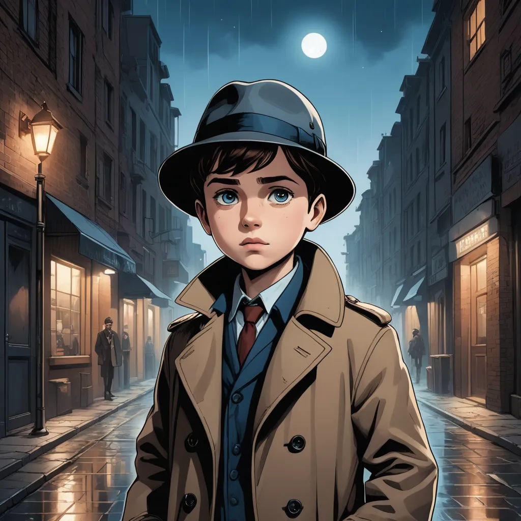 a boy in a trench coat and hat standing in the rain in a city street at night with a full moon, new objectivity, a character portrait, Cliff Childs, comic cover art