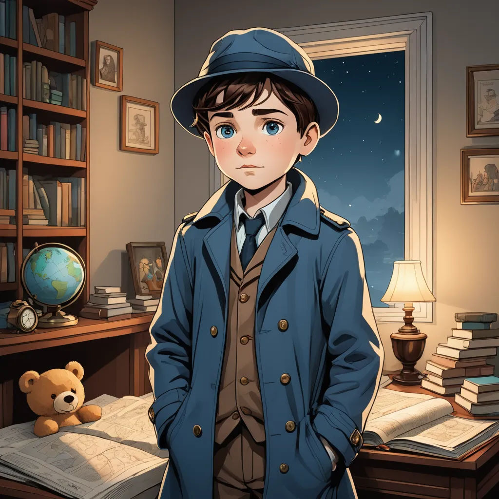 a boy in a blue coat and hat standing in a room with a teddy bear and books on the table, serial art, a character portrait, Cliff Childs, official art