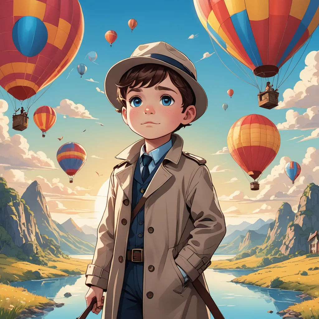a boy in a trench coat and hat standing in front of a river with hot air balloons flying above, fantasy art, an ultrafine detailed painting, Aaron Jasinski, rossdraws global illumination