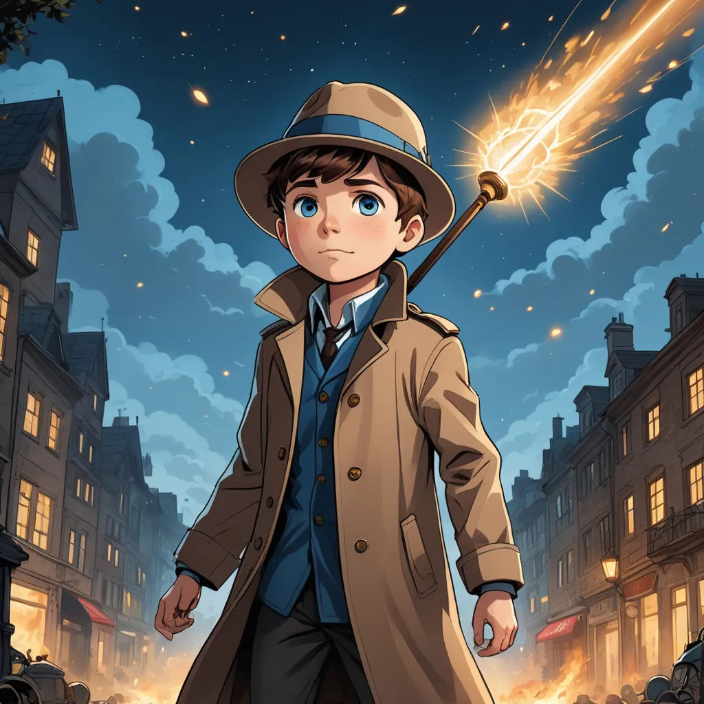 a man in a trench coat and hat holding a wand in his hand and a city street in the background, rayonism, concept art, Cedric Seaut (Keos Masons), comic cover art