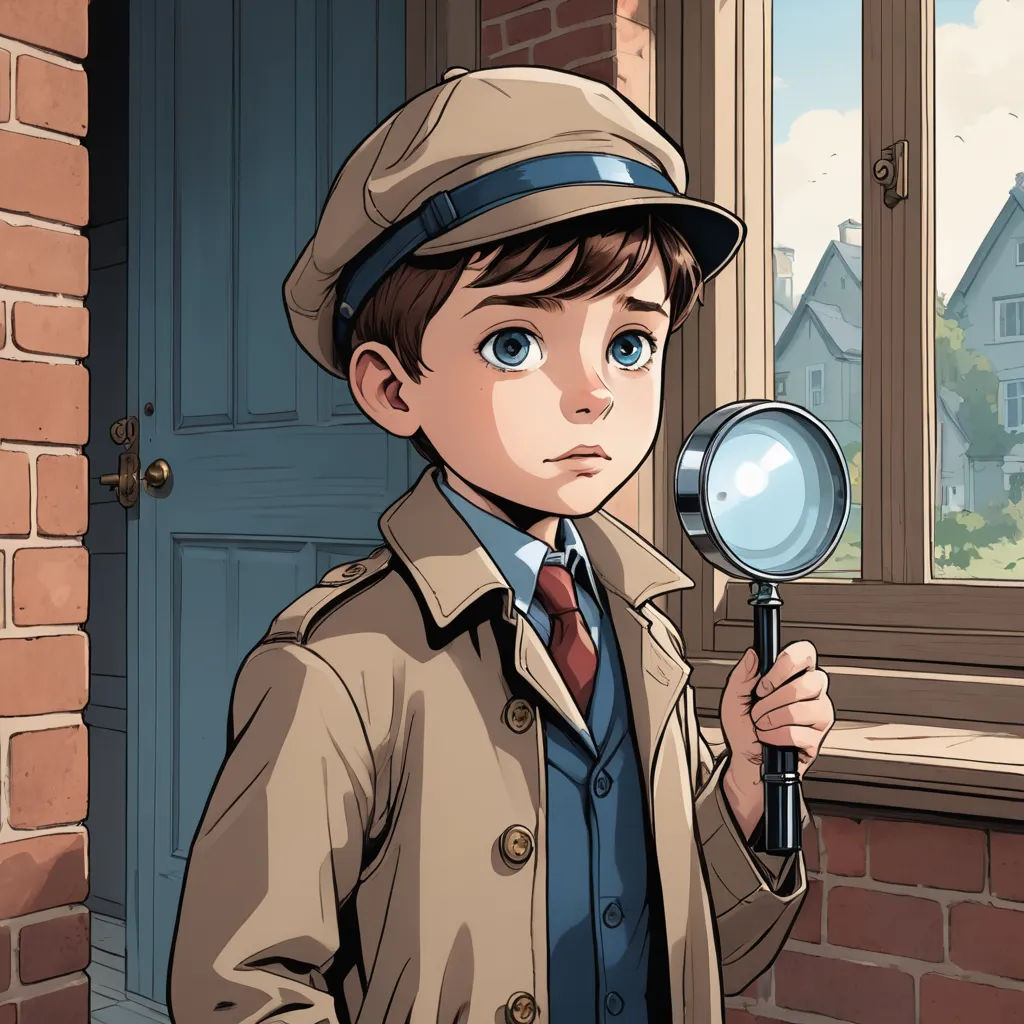 a boy in a trench coat holding a magnifying glass in front of a brick building with a blue door, new objectivity, a comic book panel, Cliff Childs, official art