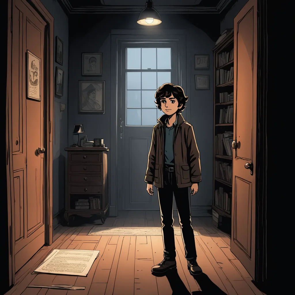 a boy standing in a room with a book shelf and a window in the background and a book case in the foreground, private press, poster art, Diego Gisbert Llorens, key art