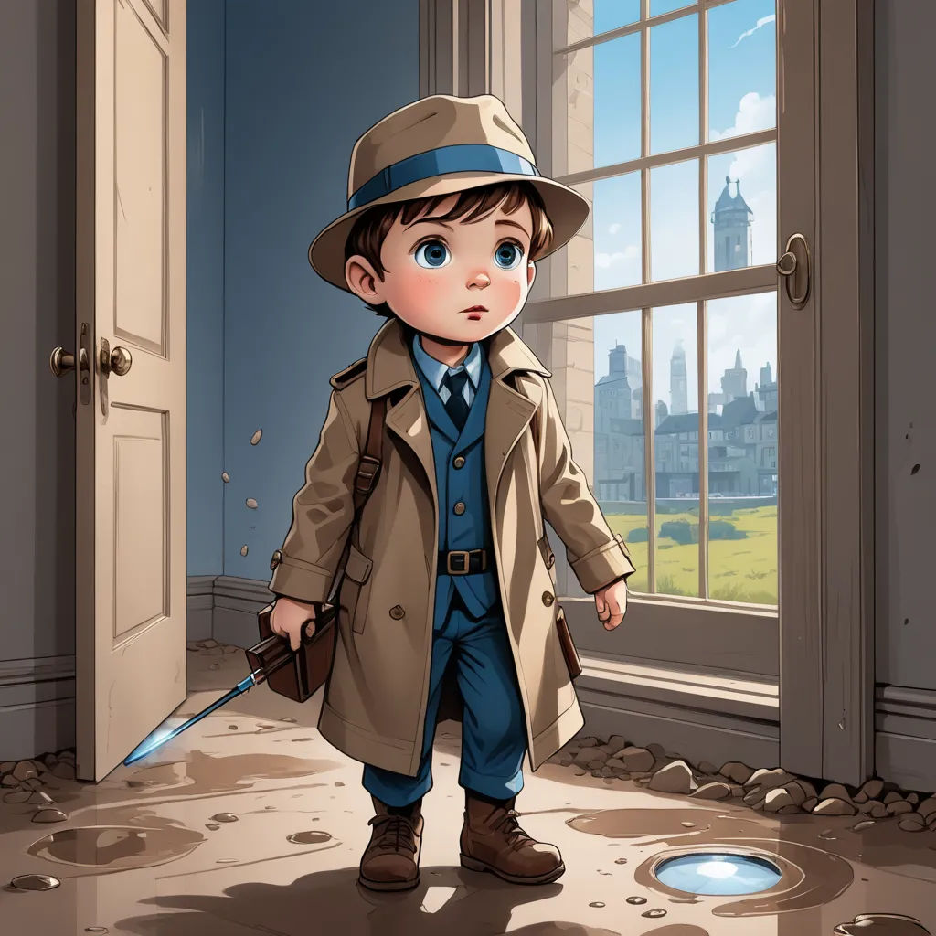 a boy in a trench coat and hat holding a knife in a room with a window and a hole in the floor, private press, a storybook illustration, Cliff Childs, comic cover art