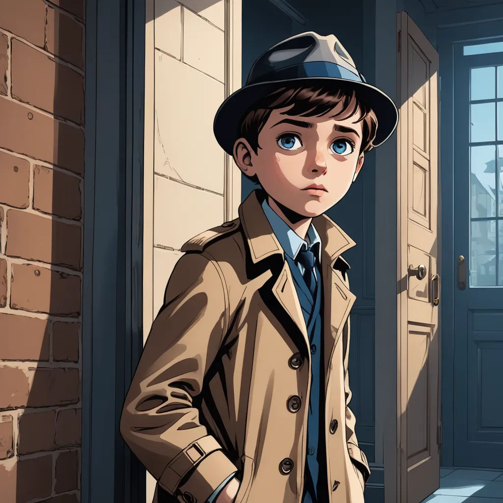 a boy in a trench coat and hat standing in front of a door with a brick wall and a brick building, serial art, a comic book panel, Cliff Childs, 2 d game art