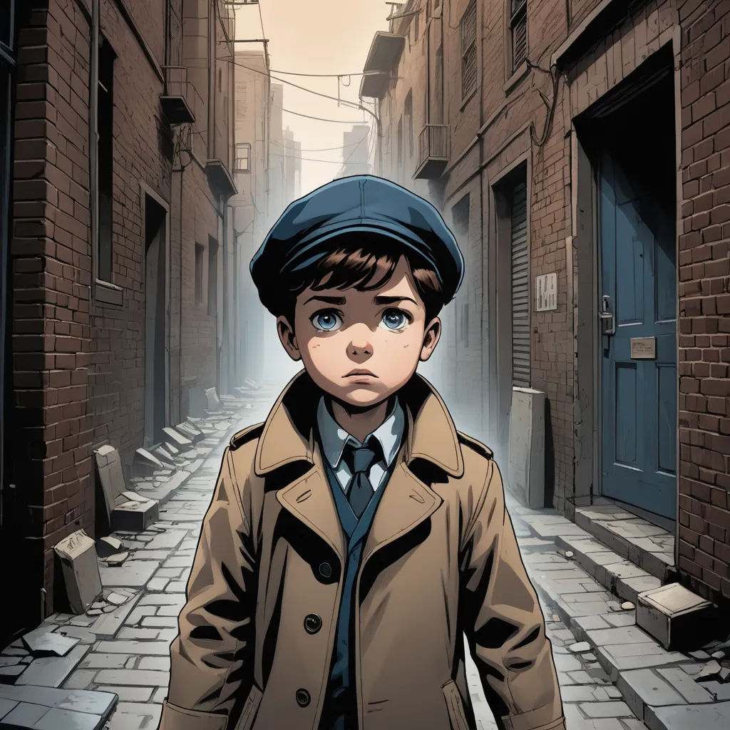 a boy in a trench coat and hat standing in an alley way with a brick building in the background, underground comix, a comic book panel, Cliff Childs, comic cover art