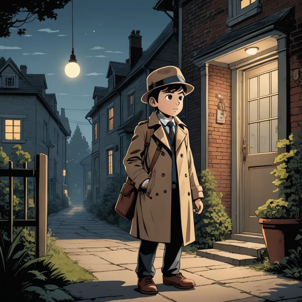a man in a trench coat and hat standing on a sidewalk in front of a house at night with a full moon, private press, a comic book panel, Cliff Childs, official art