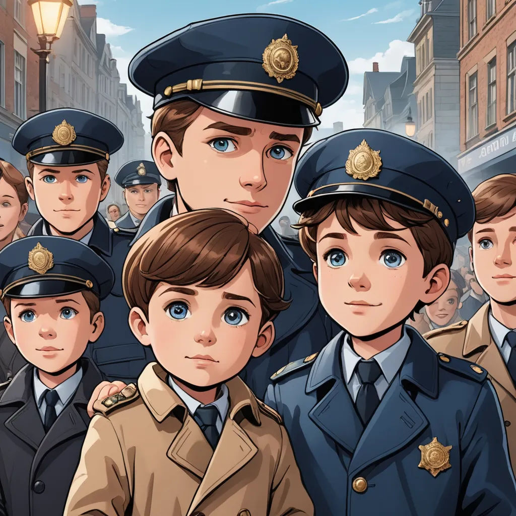 a group of police officers standing next to each other in front of a crowd of people in uniform on a city street, serial art, a comic book panel, Cliff Childs, official art