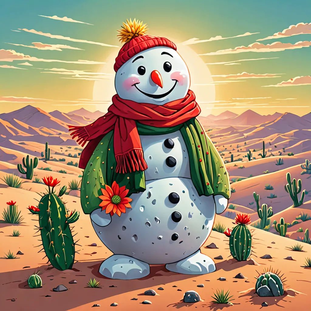 a snowman with a red scarf and a green hat and a cactus in the desert with a sun in the background, a storybook illustration, desert, pop surrealism, Chris LaBrooy
