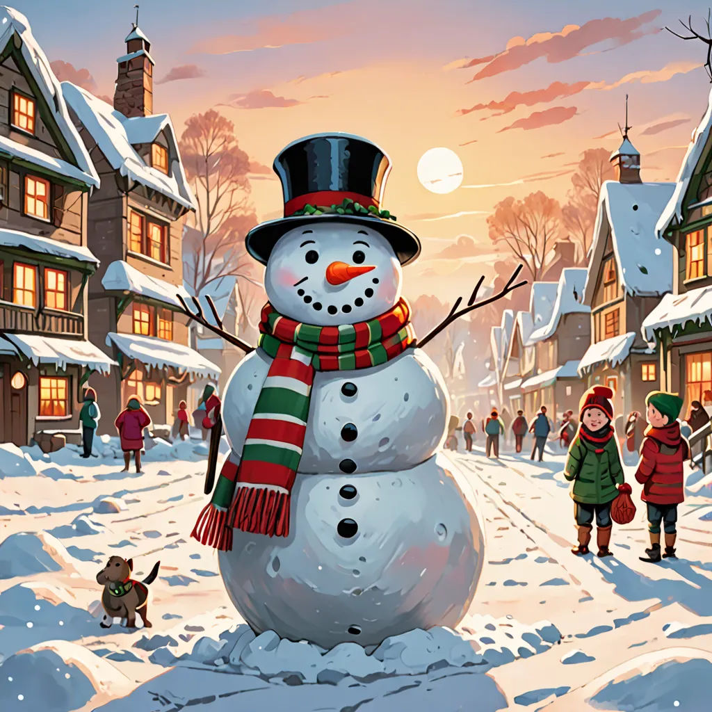 a snowman with a hat and scarf standing in the snow with a dog and people walking by him, a storybook illustration, kinkade, naive art, Evgeny Lushpin