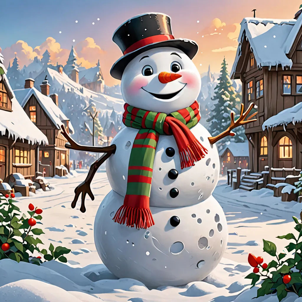 a snowman with a hat and scarf standing in the snow in front of a snowy village with a christmas tree, a digital rendering, 4 k hd wallpaper, naive art, Brian Snøddy