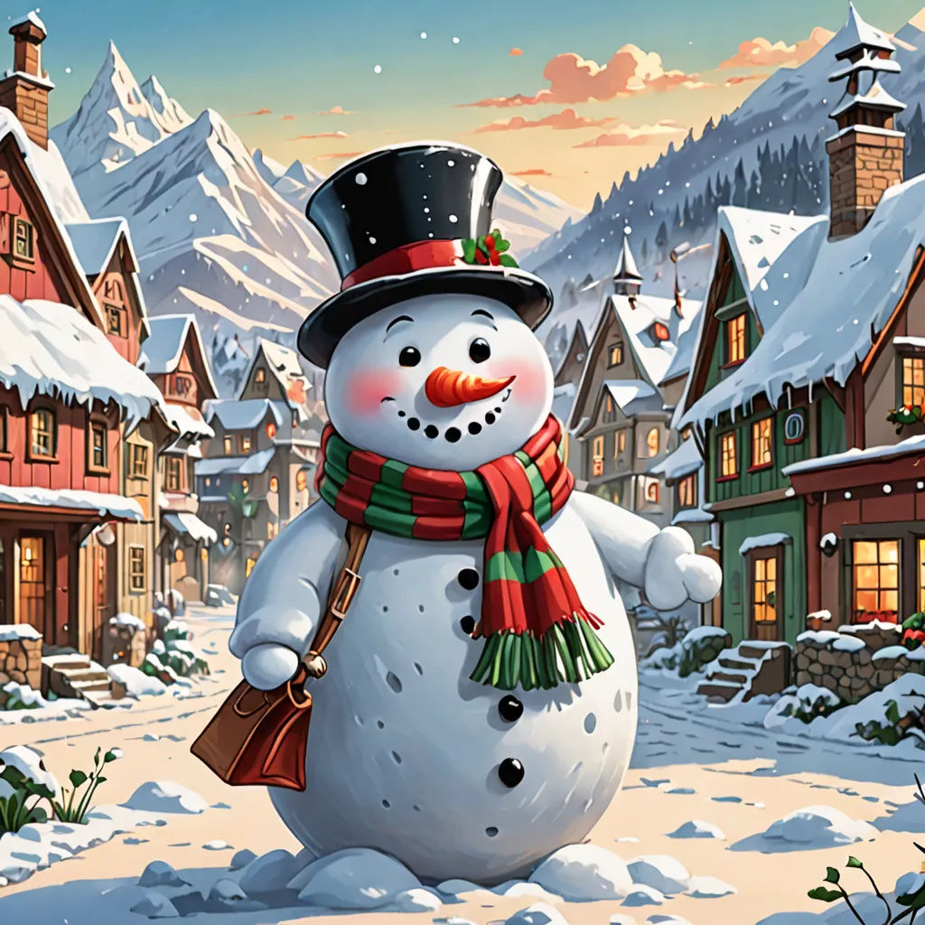 a snowman with a top hat and scarf standing in the snow in front of a snowy village with houses, a storybook illustration, highly detailed digital painting, naive art, Evgeny Lushpin