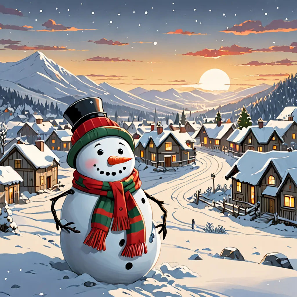 a snowman is standing in the snow in front of a snowy village at night with a full moon, a digital rendering, 4 k hd wallpaper, naive art, Evgeny Lushpin