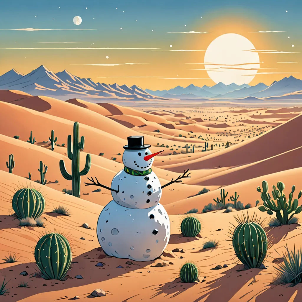 a snowman in the desert with a cactus and a full moon in the background with a desert landscape, a detailed matte painting, desert, pop surrealism, Chris LaBrooy