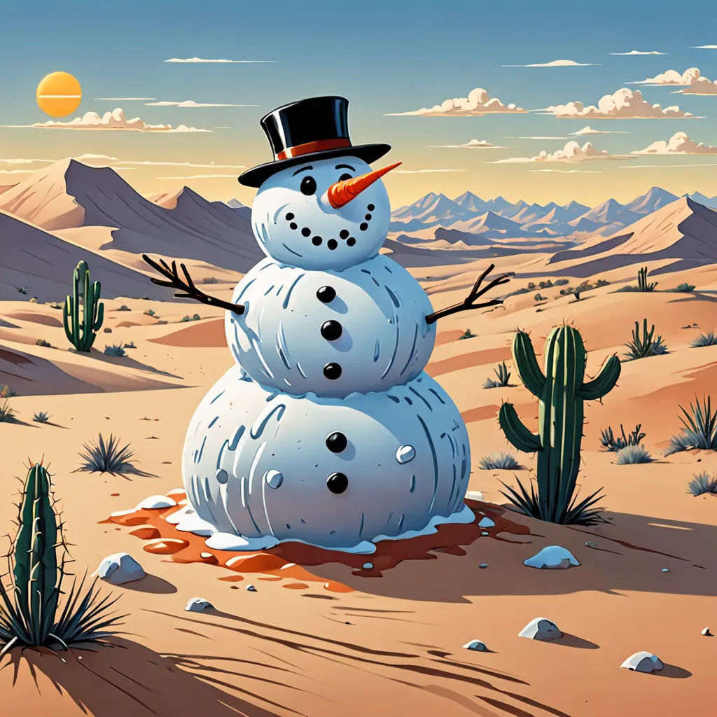 a snowman in a hat and a top hat in the desert with cactuses and mountains in the background, a surrealist painting, desert, pop surrealism, Chris LaBrooy