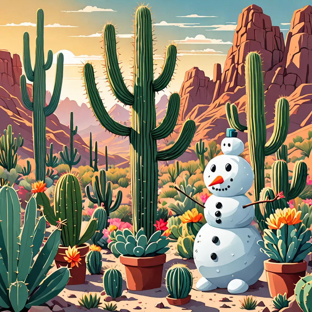 a snowman in a cactus garden with a cactus in the background and a mountain range in the background, a storybook illustration, desert, folk art, Chris LaBrooy