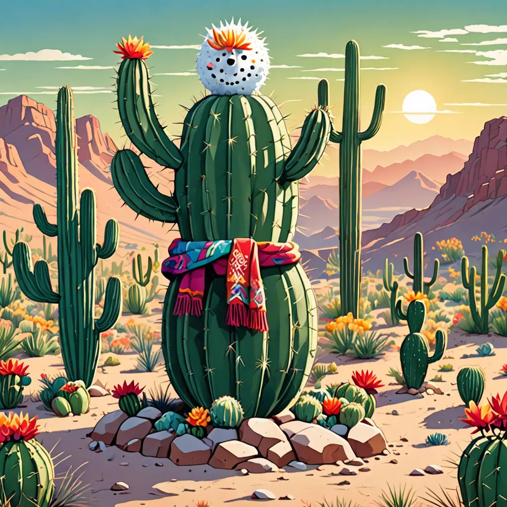 a painting of a cactus with a sun in the background and a scarf on it's head and a scarf around its neck, concept art, highly detailed digital art, folk art, Chris LaBrooy