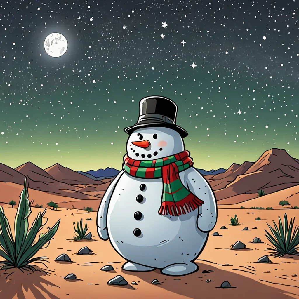 a snowman in a hat and scarf standing in the desert at night with a full moon in the background, a storybook illustration, desert, space art, Brian Despain