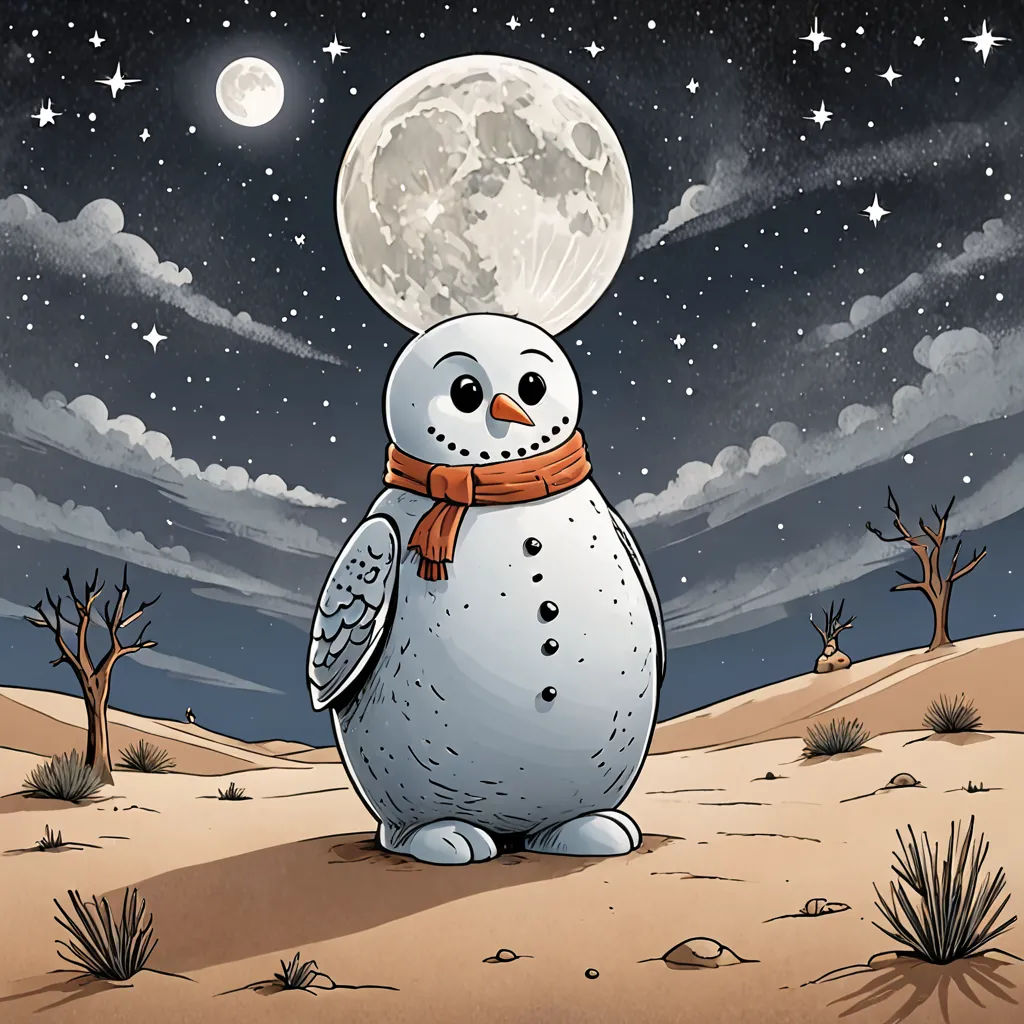a snowman with a scarf on his head standing in the desert under the moon and stars above it, a storybook illustration, josan gonzales and dan mumford, pop surrealism, Chris LaBrooy