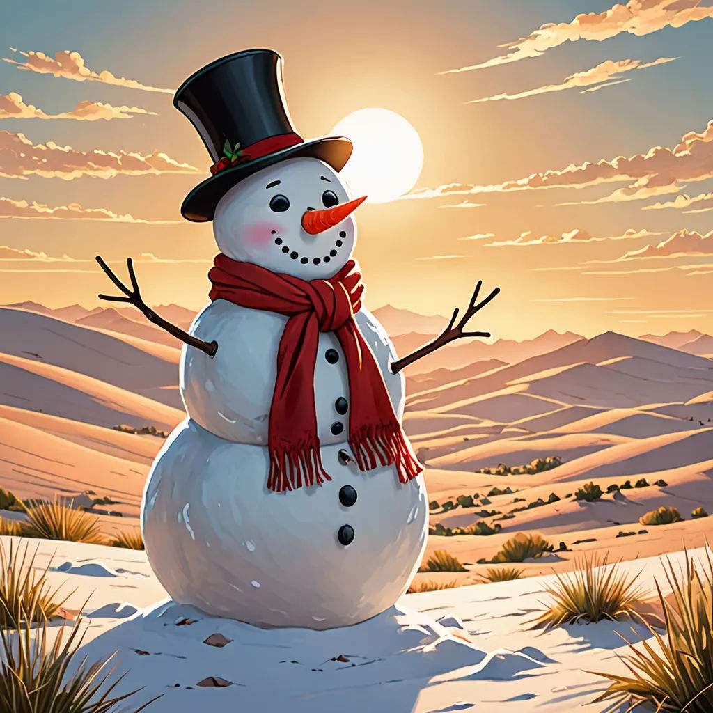 a snowman with a top hat and scarf on in the snow with a sunset in the background and a mountain range in the distance, an airbrush painting, highly detailed digital painting, fantasy art, Cyril Rolando