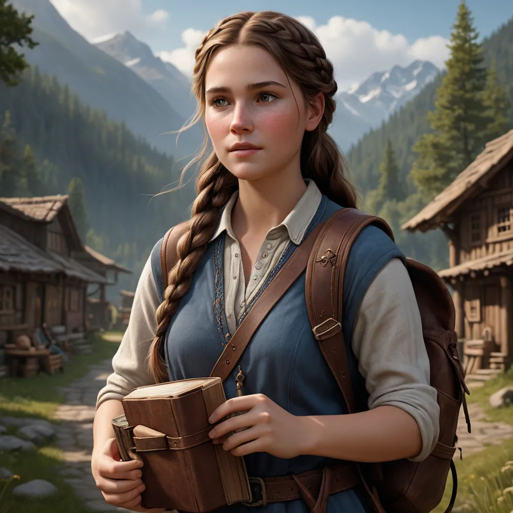 a woman with a braid holding a cup of coffee in a village with mountains in the background and a cabin, sots art, computer graphics, Eva Frankfurther, realistic character concept