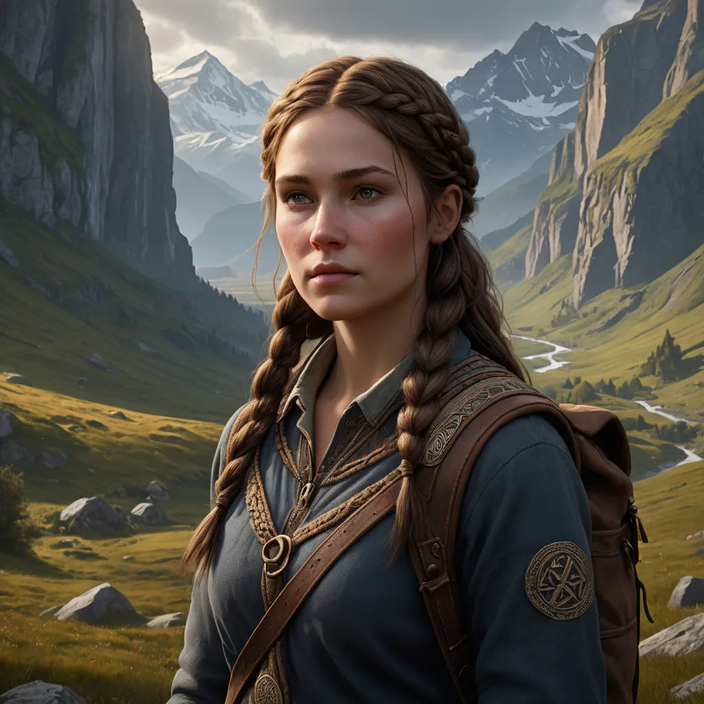a woman with braids standing in a mountainous area with mountains in the background and a valley in the foreground, photorealism, computer graphics, Ada Hill Walker, cgstudio