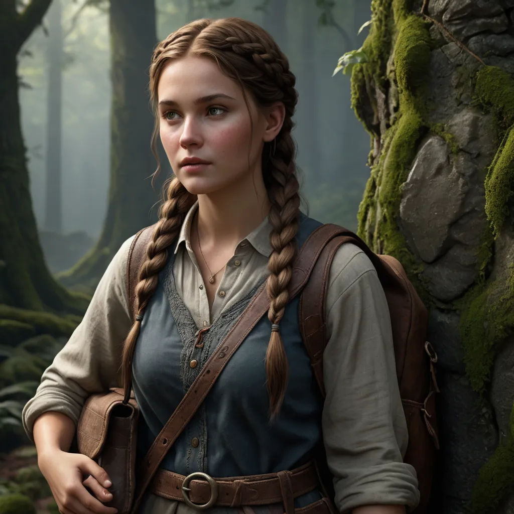 a woman with braids standing in a forest with a backpack on her back and a backpack on her shoulder, photorealism, a detailed matte painting, Ada Hill Walker, unreal engine highly rendered
