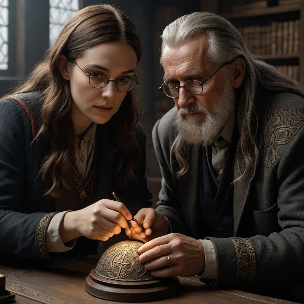 a man and a woman looking at a small globe on a table in a library with books on the shelves, fantasy art, a detailed matte painting, Elinor Proby Adams, promotional image