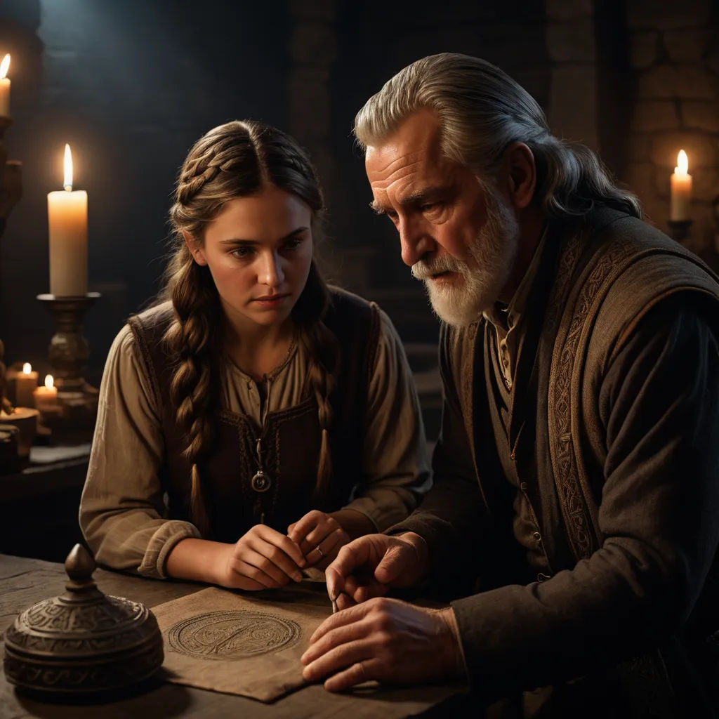 a man and a woman sitting at a table in a room with candles on it and a book in front of them, antipodeans, a detailed matte painting, Elinor Proby Adams, promotional image