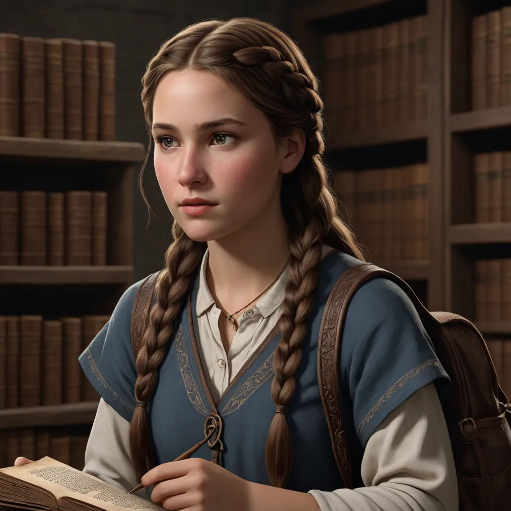 a girl with long braids is reading a book in a library with bookshelves behind her and a bookbag, photorealism, a character portrait, Clint Cearley, cgstudio