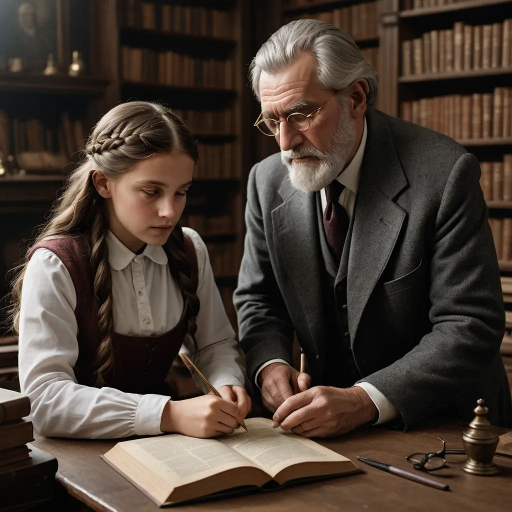 a man and a little girl are sitting at a table in front of a bookcase and a book, arts and crafts movement, a storybook illustration, Elinor Proby Adams, movie still