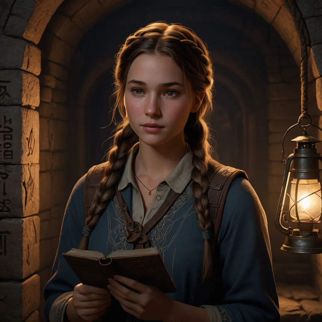 a woman with braids and a book in her hands in a dark tunnel with a lantern on the wall, fantasy art, a character portrait, Clint Cearley, trending on artstation hq