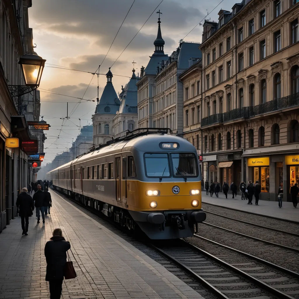 a train is coming down the tracks in a city area with people walking on the sidewalk and on the sidewalk, art photography, a stock photo, Artur Tarnowski, city background
