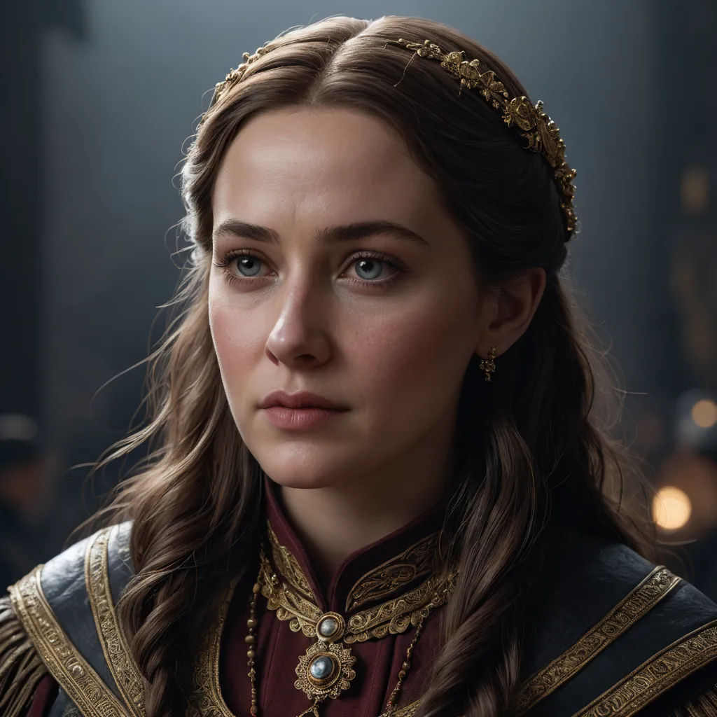 a woman in a medieval costume looks into the distance with a serious look on her face and shoulders, with a man in the background, antipodeans, a character portrait, Amalia Lindegren, promotional image