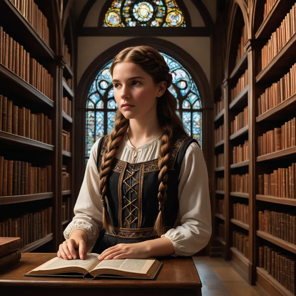 a woman in a library with a book in her hands and a stained glass window behind her, with a stained glass window behind her, pre-raphaelitism, a character portrait, Elinor Proby Adams, movie still