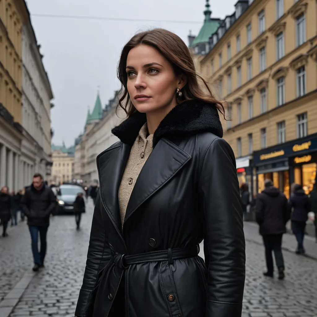 a woman in a black leather coat is standing on a cobblestone street in a european city with buildings and people, serial art, a character portrait, Christian Hilfgott Brand, promotional image