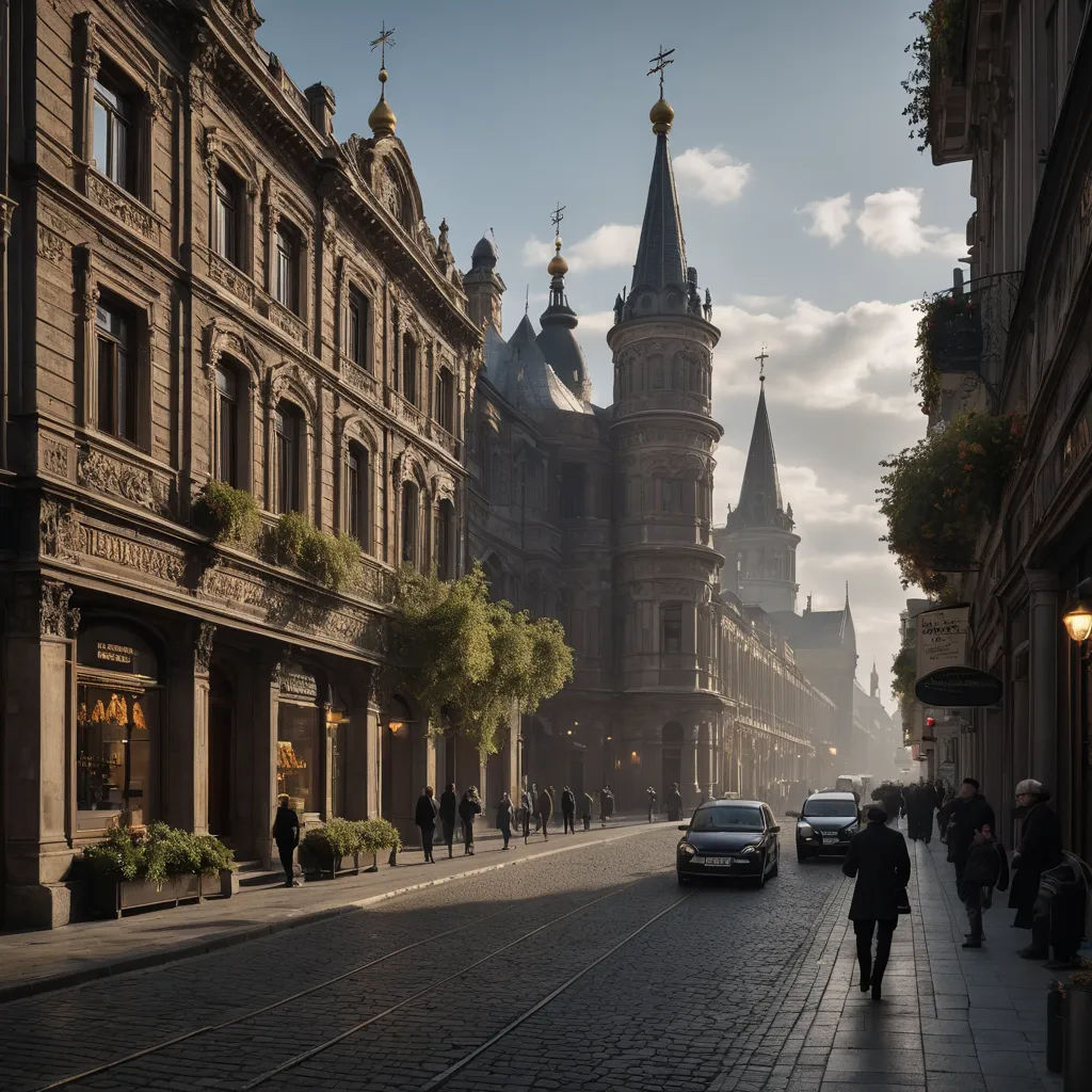 a city street with a few cars parked on the side of it and a building with a clock tower, baroque, a flemish Baroque, Florence Engelbach, unreal 5