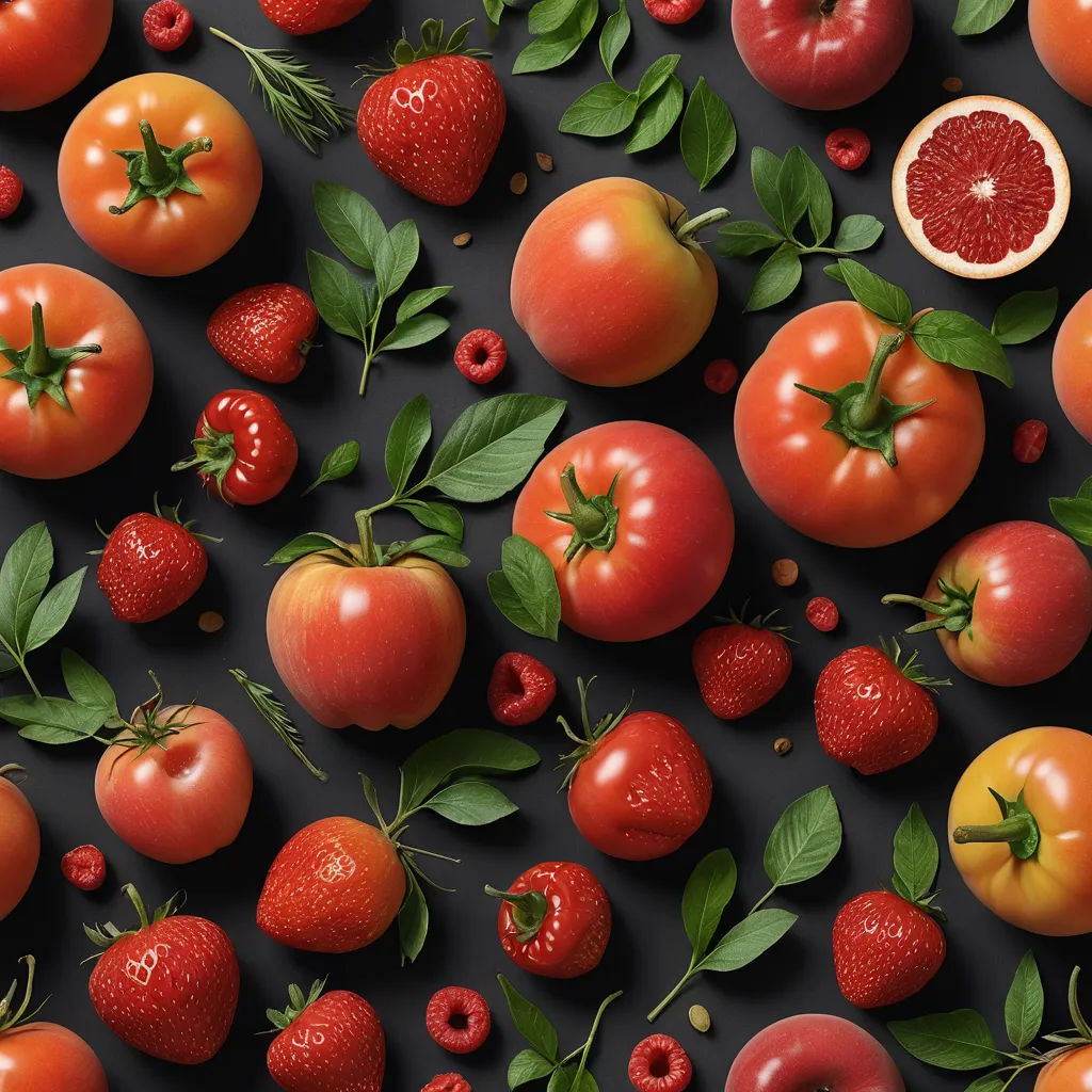 a bunch of tomatoes and other fruits and vegetables on a black surface with leaves and berries on the top, photorealism, a 3D render, Arcimboldo, highly detailed digital art