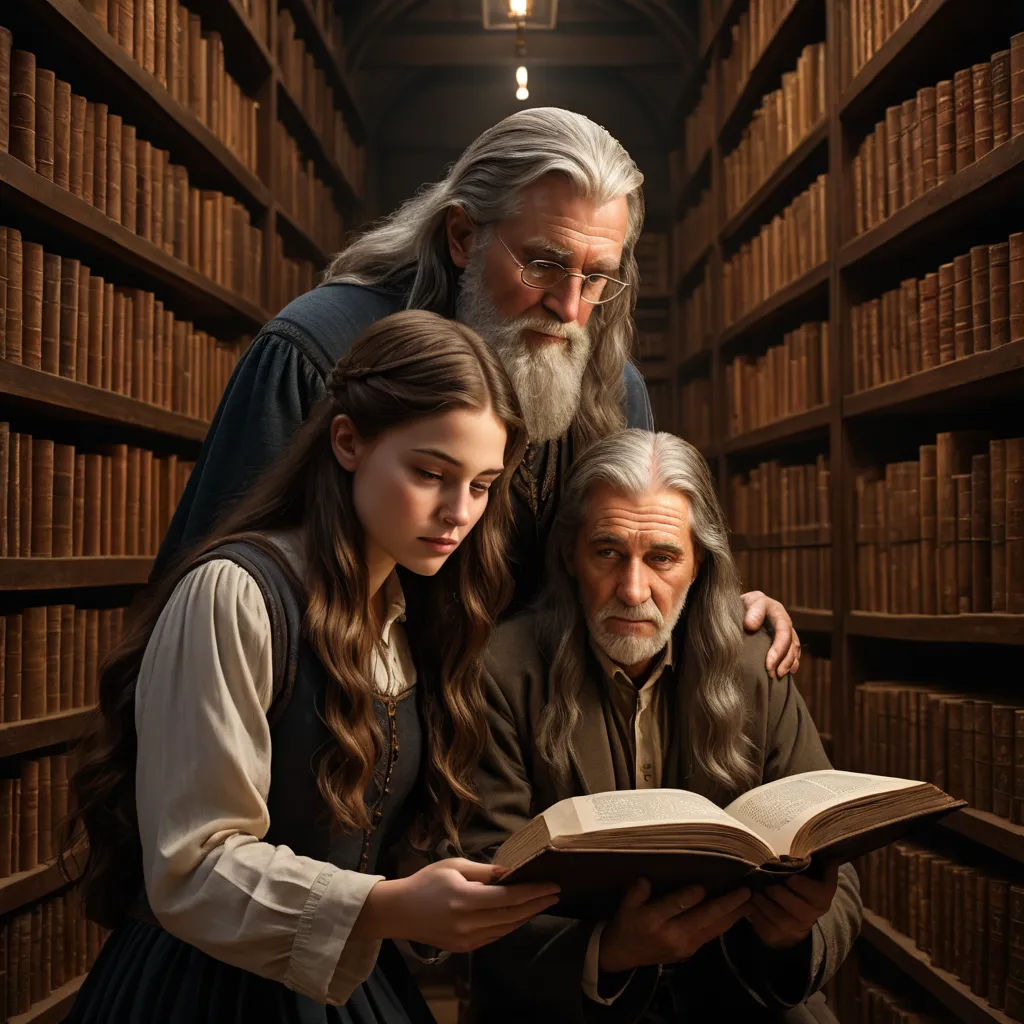 a man and a woman reading a book in a library with a man in a long beard and a long white beard, renaissance, a poster, David Teniers III, promotional image