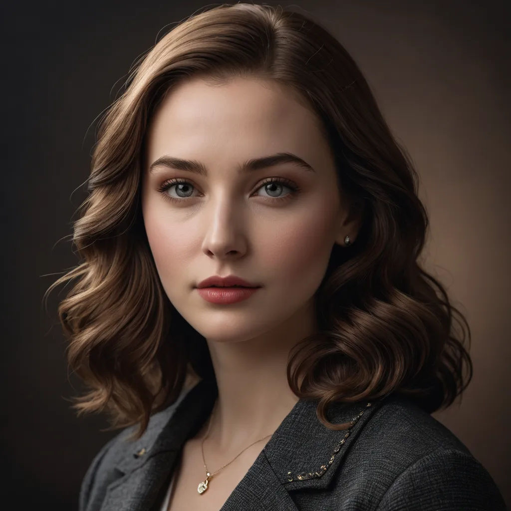 a woman with a necklace and a suit on posing for a picture in a studio photo studio, with a black background, renaissance, a photorealistic painting, Elina Karimova, professional photo