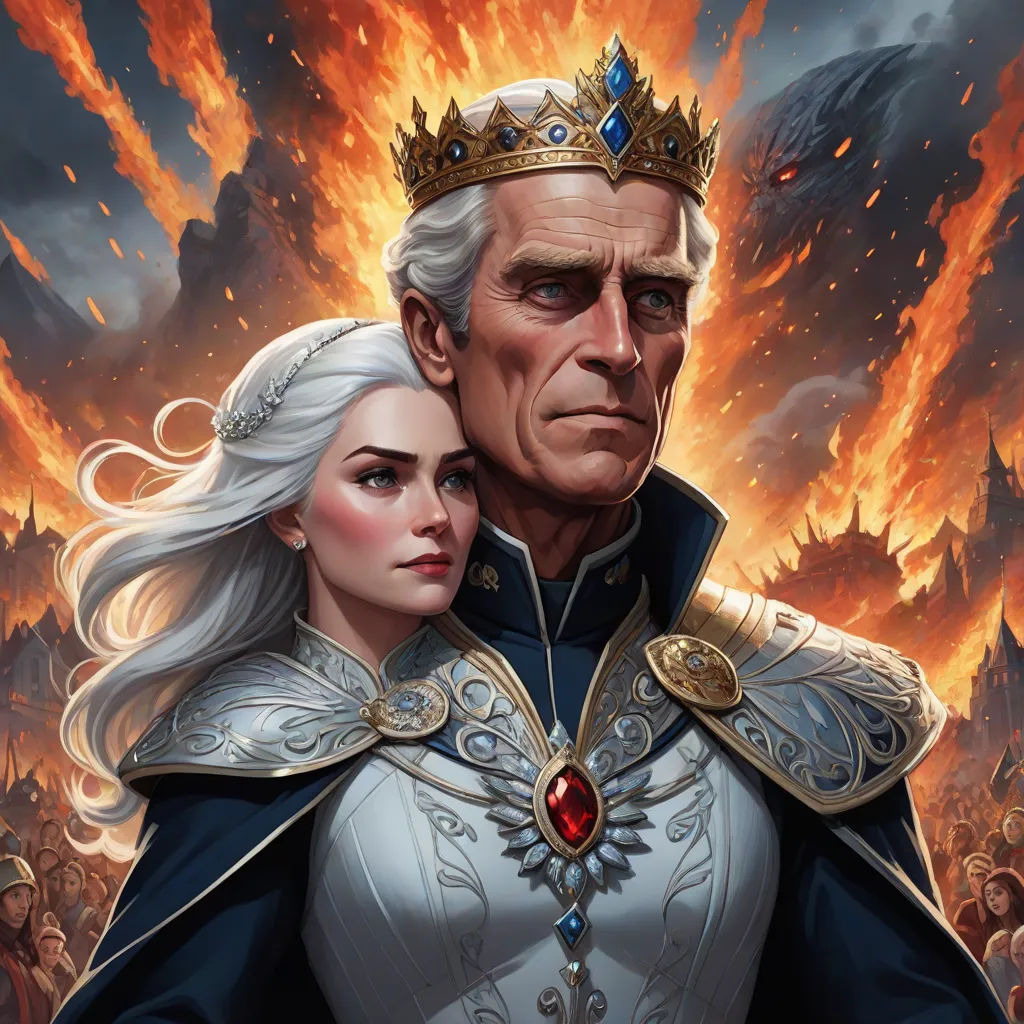 a man and a woman in a white dress and a crown on their heads, standing in front of a fire, a detailed painting, Cedric Peyravernay, fantasy art, game of thrones